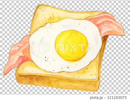 Hand-drawn watercolor illustration of delicious looking bacon and eggs 121283073