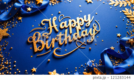 Happy birthday card with confetti and streamers, birthday celebrations, party invitation. celebrations and parties, cheerful and festive design for all age 121283144