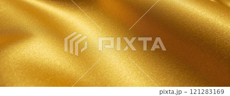 Shiny golden fabric background with smooth surface, elegant folds, luxury textile texture, metallic gold material close-up, abstract design for decoration, premium gold pattern 121283169