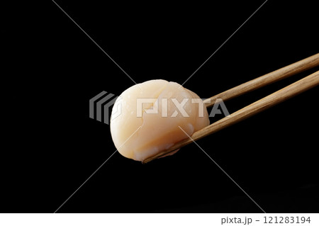 箸で持ち上げた帆立の貝柱の刺身 121283194