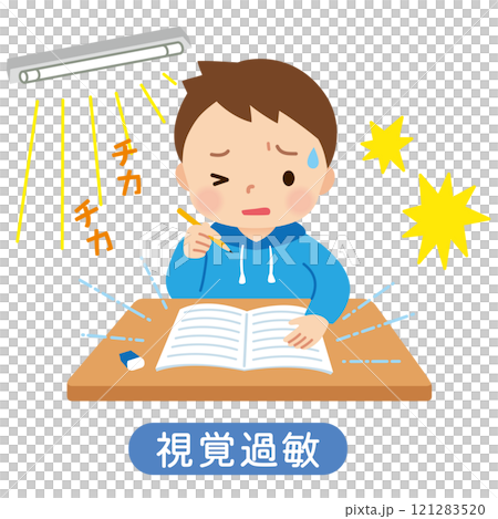 視覚過敏　感覚過敏　光が眩しくて困る男の子 121283520