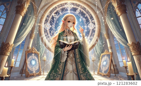 魔法の書を手にするエルフの女性と幻想的な魔法陣が輝く宮殿 121283602