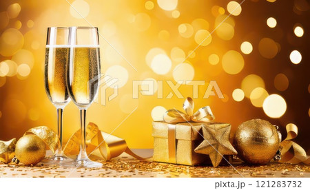 《AI画像》キラキラ背景のお祝いイメージ（シャンパンとプレゼント） 121283732