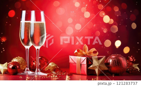 《AI画像》キラキラ背景のお祝いイメージ（シャンパンとプレゼント） 121283737