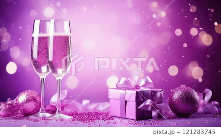 《AI画像》キラキラ背景のお祝いイメージ（シャンパンとプレゼント） 121283745