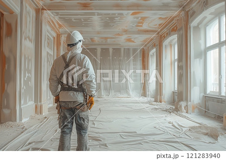 Male construction worker in a hard hat is standing in a room where construction work is underway, there is a lot of dust and debris 121283940