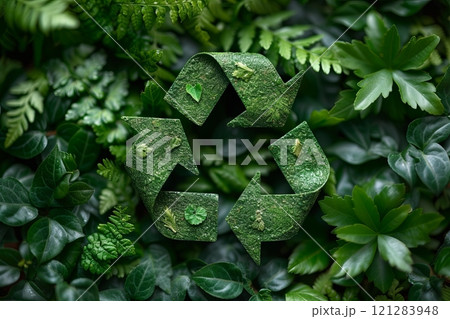 Green symbol of waste recycling on a background of leaves Green symbol of waste recycling on a background of leaves 121283948