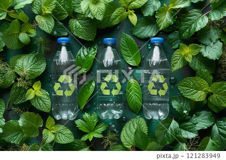Bottles of water with a green recycling symbol on them are surrounded by green leaves. Concept of environmental consciousness 121283949