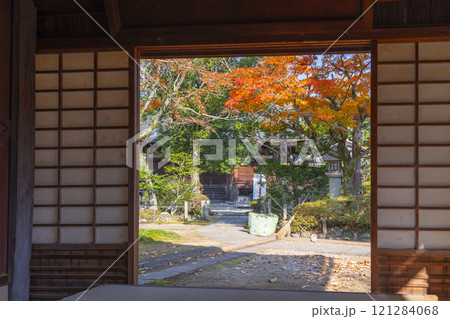 秋の京都　神光院　蓮月庵から見える紅葉 121284068