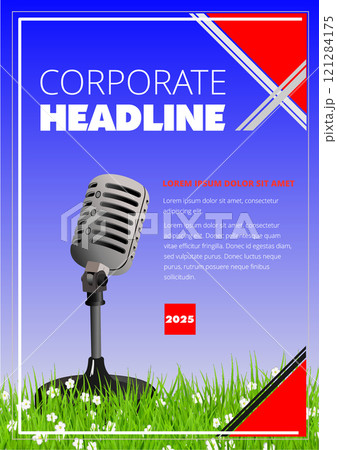 Vintage microphone is standing on a patch of grass against a blue background, ready for a corporate announcement Vintage microphone is standing on a patch of grass against a blue background, ready for a corporate announcement 121284175