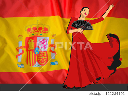Flamenco dancer is gracefully moving her body with the spanish flag waving in the background 121284191