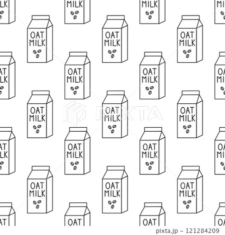 Seamless Pattern with Oat milk. Box Carton packaging. Outline, Doodle, Line art. Vector flat illustration. Seamless Pattern with Oat milk. Box Carton packaging. Outline, Doodle, Line art. Vector flat illustration. 121284209