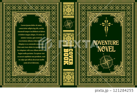 Green book cover design featuring gold ornate frames, a compass rose, and a title reading adventure novel Green book cover design featuring gold ornate frames, a compass rose, and a title reading adventure novel 121284255