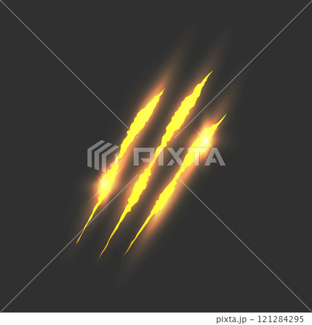 Cat scratch. Realistic gold animal claw mark isolated on black background. Lion or tiger flat scratch marks. Cracks from scratches of animal claws. Vector illustration 121284295