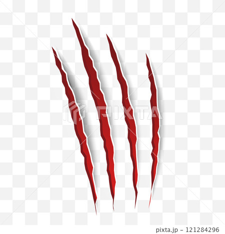 Cat scratch icon. Realistic red animal claw mark isolated on transparent background. Lion or tiger flat scratch marks. Cracks from scratches of animal claws. Vector illustration Cat scratch icon. Realistic red animal claw mark isolated on transparent background. Lion or tiger flat scratch marks. Cracks from scratches of animal claws. Vector illustration 121284296