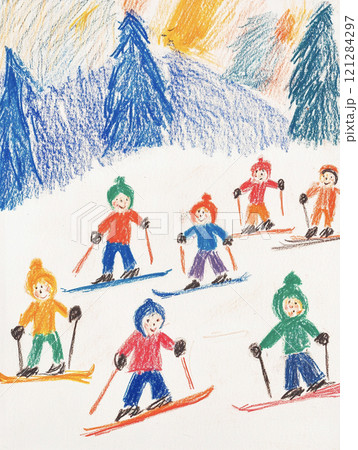 雪山でスキーをする子供たち　AI画像 121284297