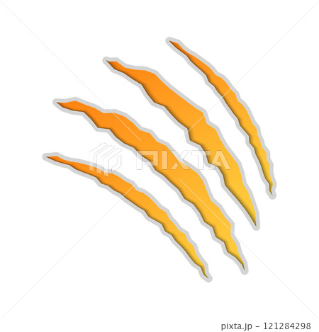 Cat scratch icon. Yellow scratches from animal claws isolated on white background. Dragon or dinosaur flat scratch marks. Cracks from scratches of animal claws. Vector illustration 121284298