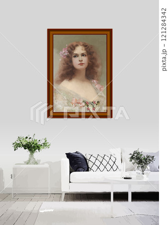 Woman with pink flowers in her auburn hair is the subject of this vintage style portrait painting 121284342