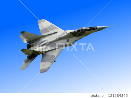 Military fighter jet is flying high in the air 121284346
