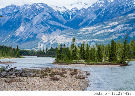 Jasper National Park summer landscape. Athabasca River, snow-capped mountains in the background. Alberta, Canada. Canadian Rockies. 121284455
