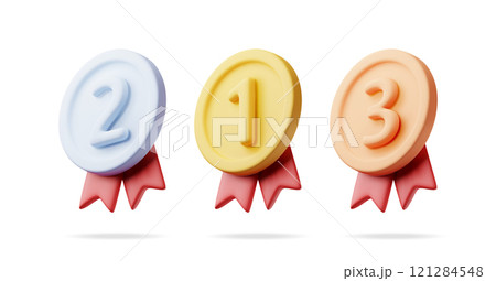 3d set of medals with red ribbons. 3d set of medals with red ribbons. 121284548