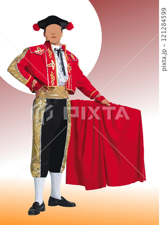 Bullfighter stands confidently, holding his red cape, embodying the rich history and spectacle of bullfighting 121284599