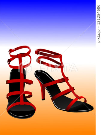 Red high heel shoes with straps standing on a colorful background 121284606