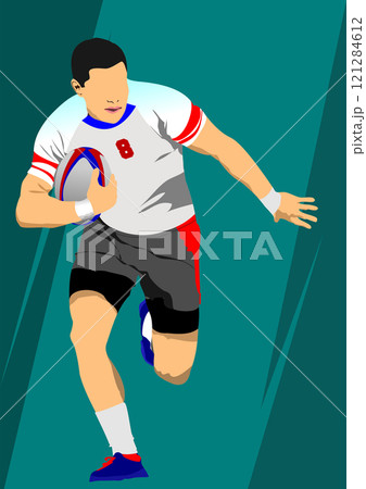 Minimalist vector illustration of an athlete running with the rugby ball 121284612