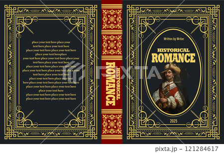 Book cover design featuring an ornate gold frame, a musketeer holding a sword, and a rich red and black color scheme Book cover design featuring an ornate gold frame, a musketeer holding a sword, and a rich red and black color scheme 121284617