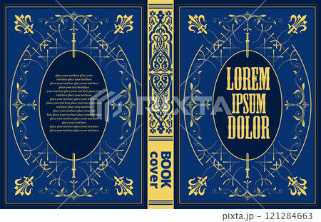Elegant blue and gold book cover template featuring vintage ornaments and flourishes 121284663