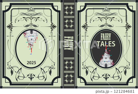 Book cover design featuring a fantasy castle, using vintage decorative elements Book cover design featuring a fantasy castle, using vintage decorative elements 121284681