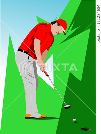Golfer wearing a red shirt and gray pants is putting a golf ball into the hole on a green 121284684
