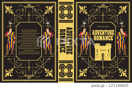 Adventure romance book cover design featuring medieval guards holding halberds and a castle 121284685