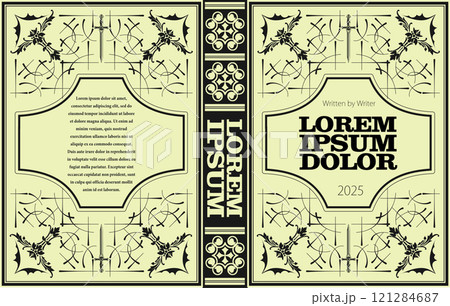 Vintage book cover design featuring ornate frames and swords, perfect for a historical fiction or fantasy novel 121284687