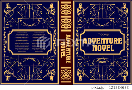 Adventure novel cover mockup featuring illustrations of knights and swords with ornate borders 121284688