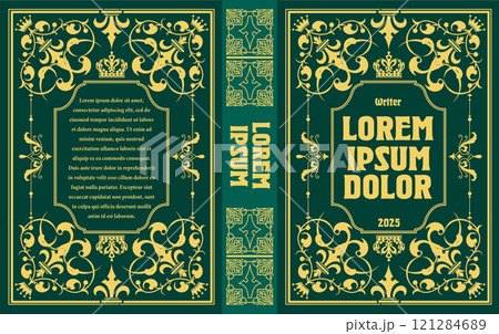Vintage book cover design featuring intricate gold foil ornaments on a green background, perfect for adding a touch of elegance and sophistication to any project 121284689