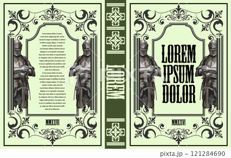 Elaborate book cover design featuring two medieval knights holding swords, with intricate borders and vintage typography 121284690