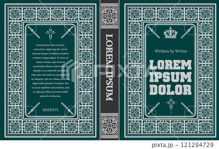 Vintage book cover design featuring an ornate frame and swords is perfect for printing projects Vintage book cover design featuring an ornate frame and swords is perfect for printing projects 121284729