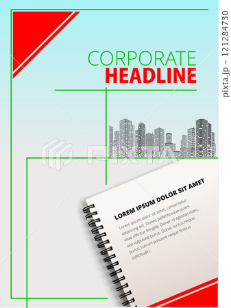Notepad with corporate headline text and cityscape background for business communication design 121284730