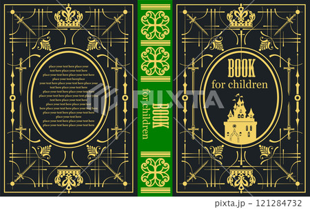 Elegant book cover design featuring a medieval castle, swords, and crowns, perfect for a children's storybook 121284732