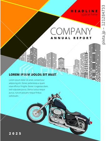Geometrically designed annual company report cover with a black motorcycle and a cityscape in the background 121284733