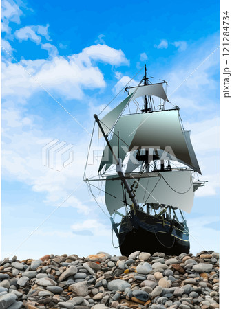 Large classic sailing ship is approaching the shore on a beautiful sunny day 121284734