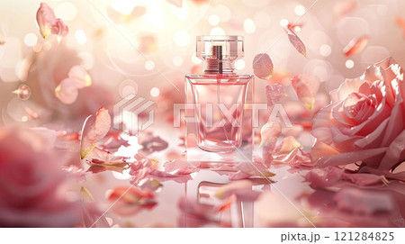 A romantic perfume bottle mockup with a soft transparent design, surrounded by floating rose petals A romantic perfume bottle mockup with a soft transparent design, surrounded by floating rose petals 121284825
