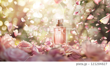 A romantic perfume bottle mockup with a soft transparent design, surrounded by floating rose petals 121284827