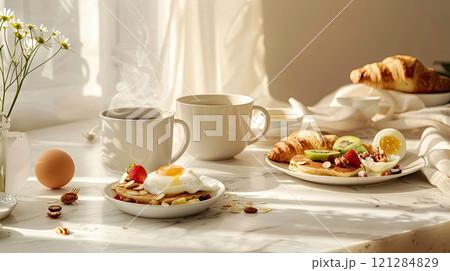 Breakfast flat lay with coffee mugs, pancakes, toast, poached egg, fresh fruits and nuts, croissants 121284829