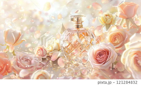 A luxurious and delicate perfume mockup featuring an elegant glass bottle with golden accents A luxurious and delicate perfume mockup featuring an elegant glass bottle with golden accents 121284832