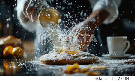 A dynamic food action shot of a chef sprinkling flour over dough, a splash of mid-air 121284846