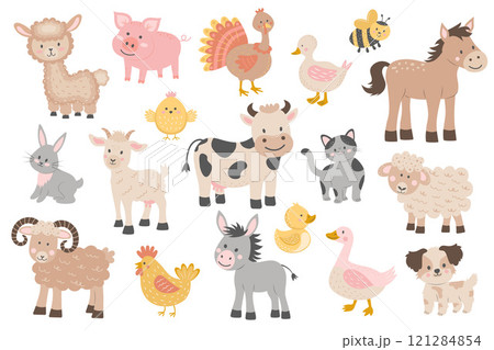 Cute farm animals set. Big set of cartoon farm animals and pets for kids. 121284854