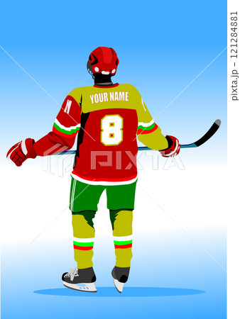 Professional hockey player wearing bulgarian colors skating away from the viewer Professional hockey player wearing bulgarian colors skating away from the viewer 121284881