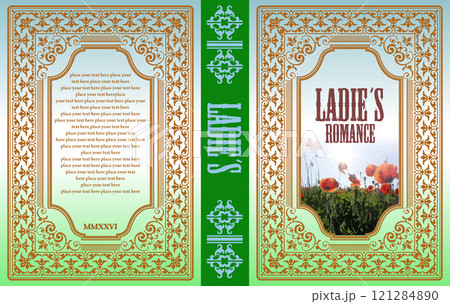 Book cover design featuring a musketeer holding a sword, set against an elegant blue and gold background with ornate frames and patterns 121284890
